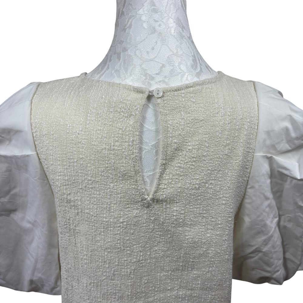 Anthropologie Cream White Boucle Knit Poplin Puff Sleeve Top Blouse Women Medium - Picture 6 of 9